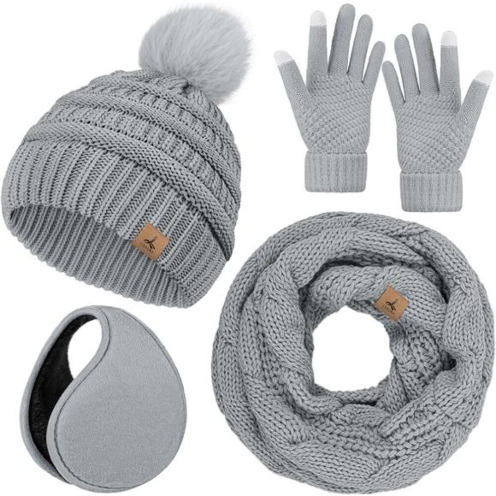 Winter Hat Scarf Gloves Set Women Knit Beanie Touchscreen Gloves Ear Warmer